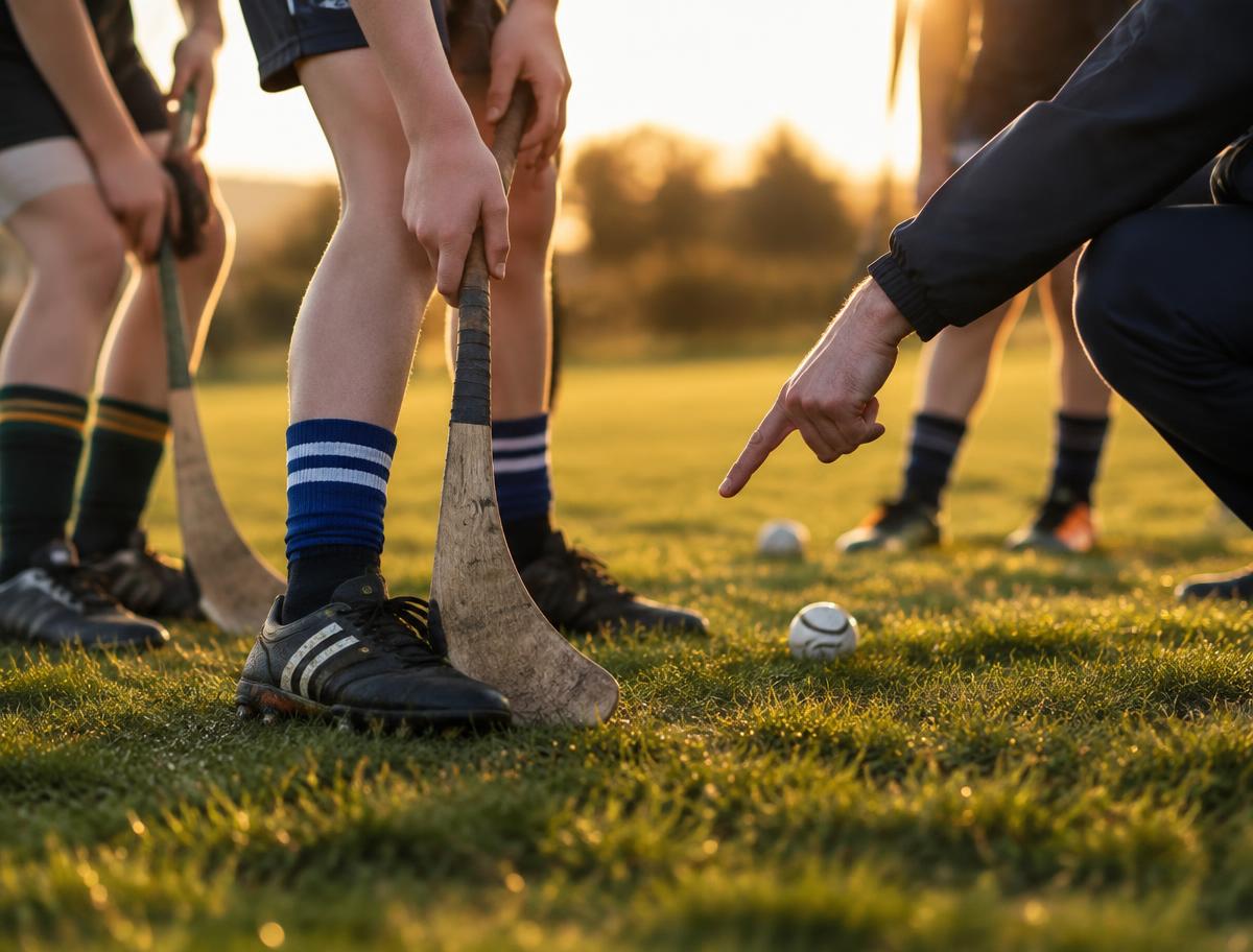 A coach sharing experience with young athletes on an Irish pitch