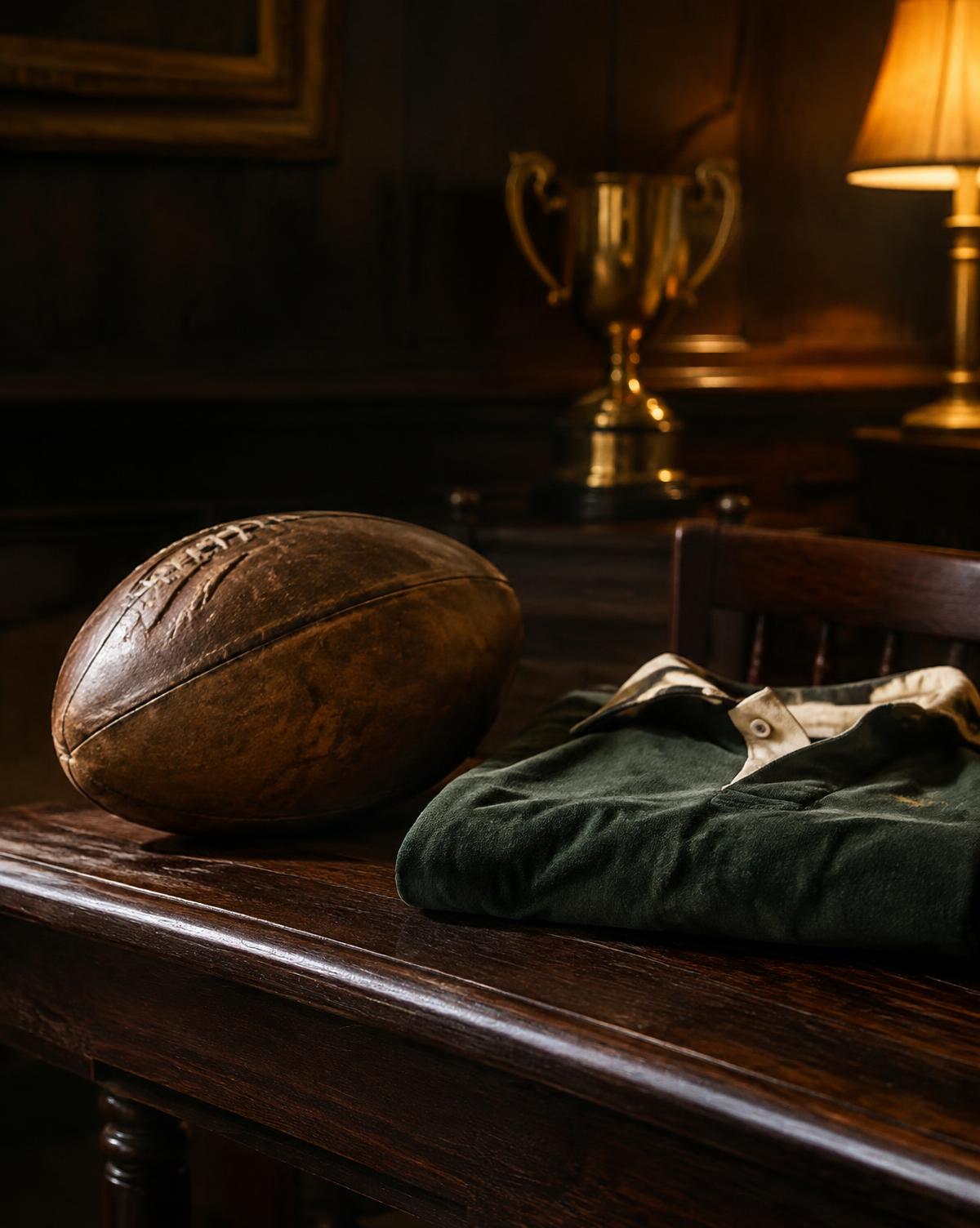 A vintage rugby ball and folded jersey, illustrative sporting still life